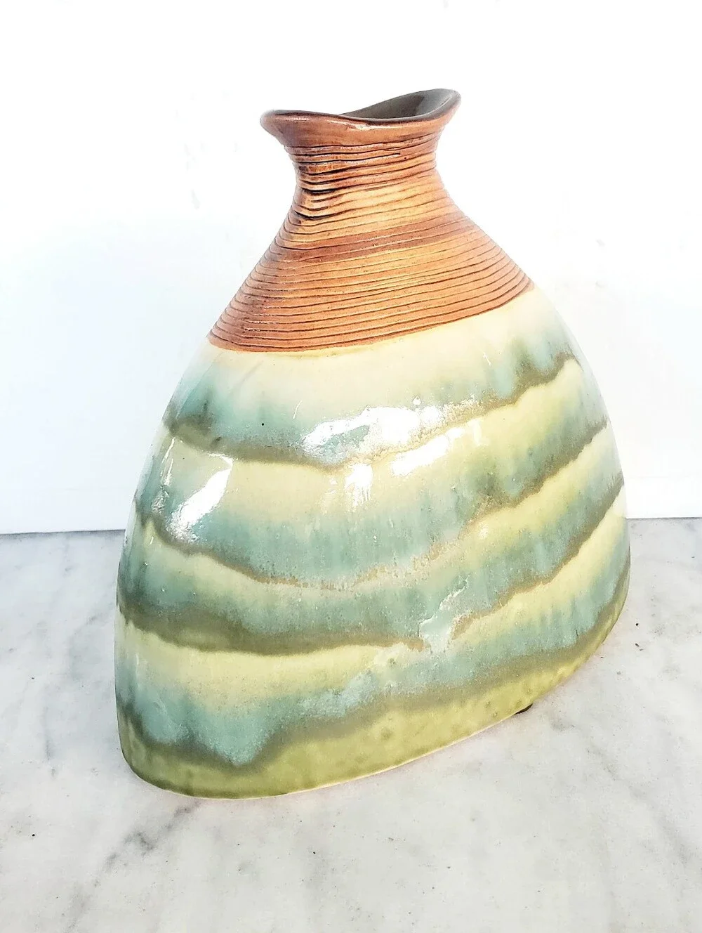 VINTAGE DRIP GLAZE POTTERY FLAT FISH SHAPE Large VASE Ribbed Neck Green Brown